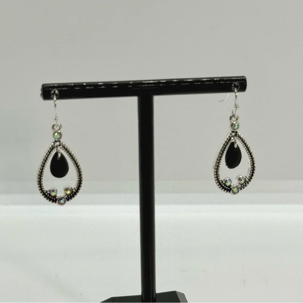 Ear‎ Sense Silver Tone Black Teardrop AB Rhinestone Hypoallergenic Earrings NEW